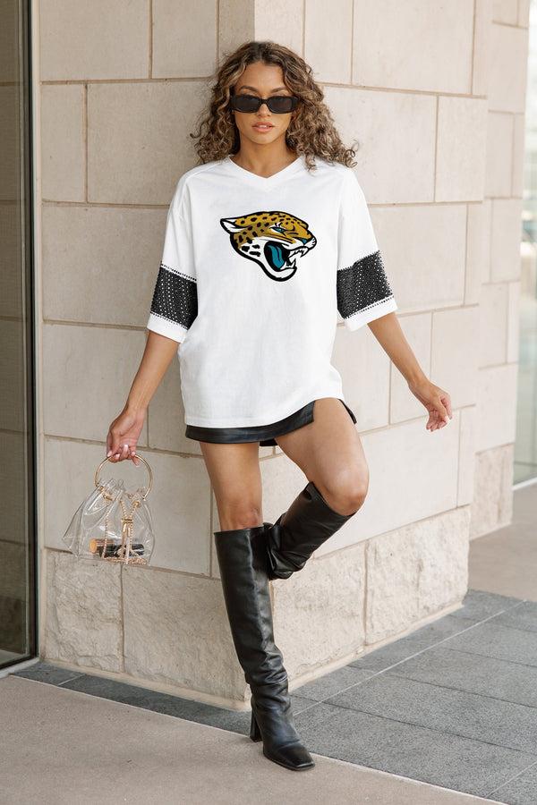 Gameday Couture JACKSONVILLE JAGUARS DOMINANCE RHINESTONE STRIPE VARSITY TEE