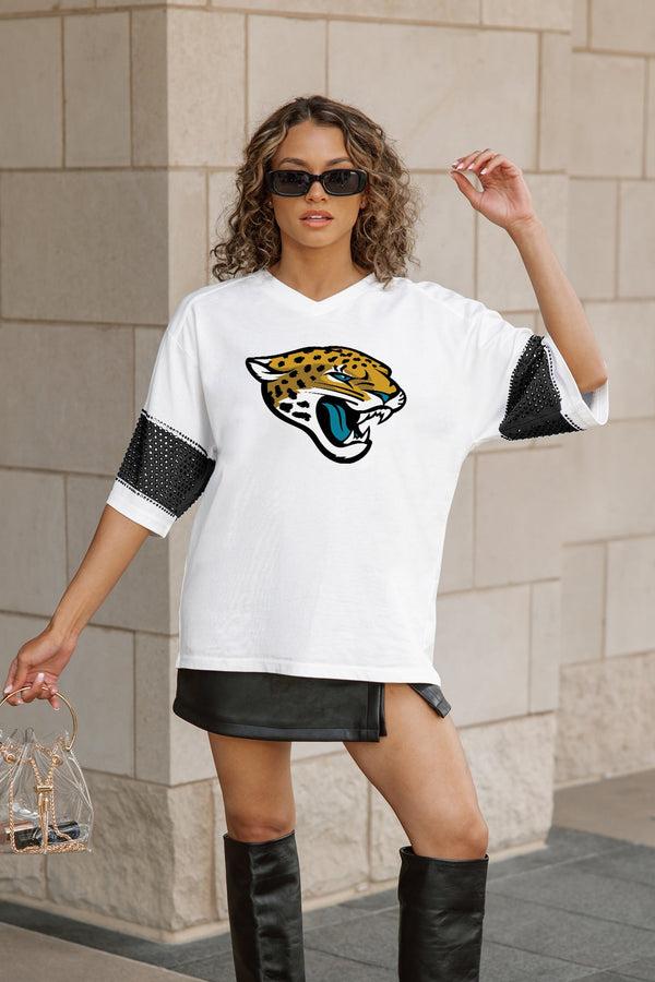 Gameday Couture JACKSONVILLE JAGUARS DOMINANCE RHINESTONE STRIPE VARSITY TEE