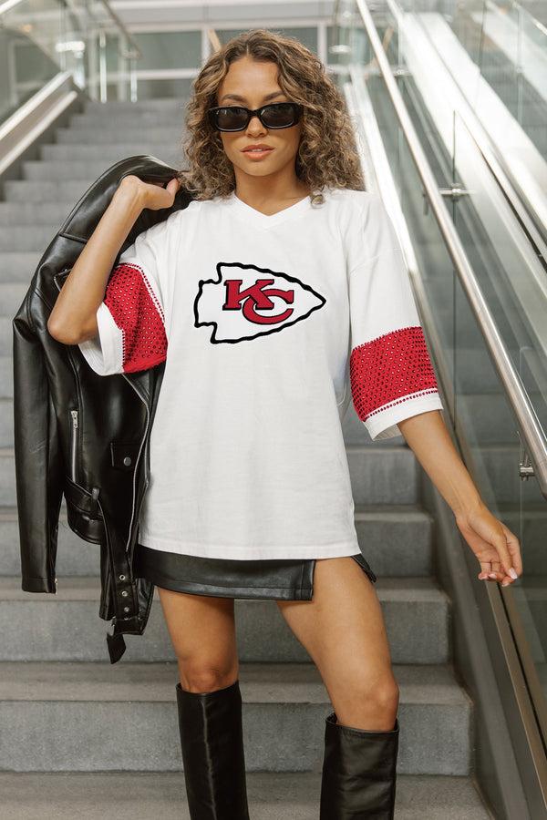 Gameday Couture KANSAS CITY CHIEFS DOMINANCE RHINESTONE STRIPE VARSITY TEE