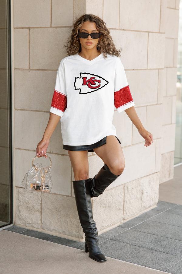 Gameday Couture KANSAS CITY CHIEFS DOMINANCE RHINESTONE STRIPE VARSITY TEE