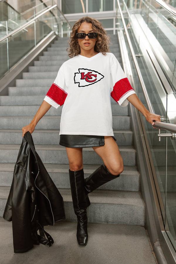 gameday couture KANSAS CITY CHIEFS DOMINANCE RHINESTONE STRIPE VARSITY TEE