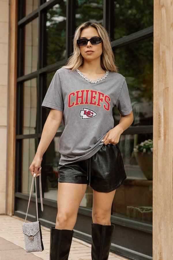 Gameday Couture KANSAS CITY CHIEFS ICONIC EDGE RHINESTONE TRIM V-NECK TEE