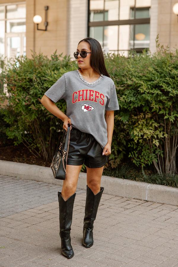 Gameday Couture KANSAS CITY CHIEFS ICONIC EDGE RHINESTONE TRIM V-NECK TEE