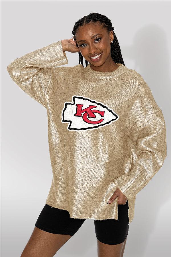 gameday couture KANSAS CITY CHIEFS Shine Down Oversized Metallic Sweater