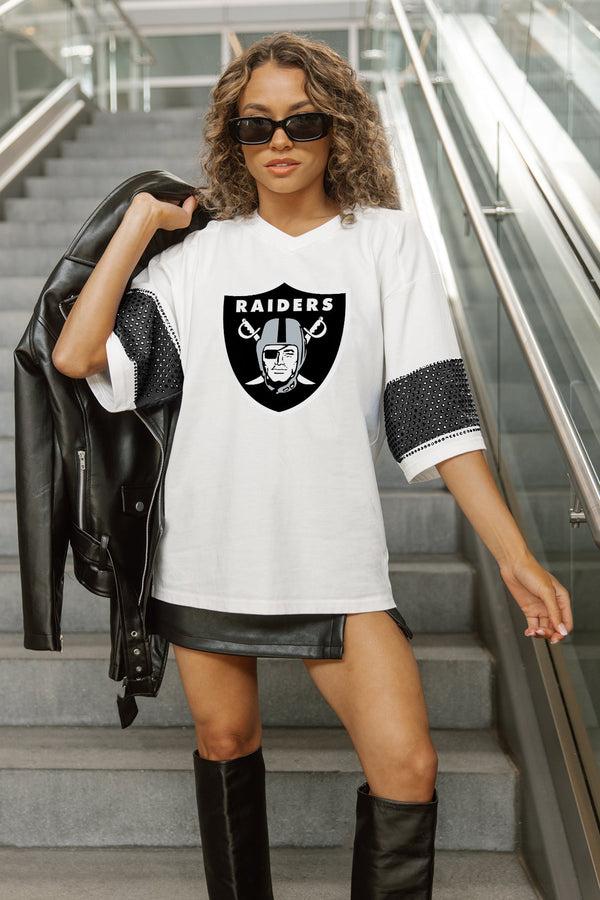 Gameday Couture LAS VEGAS RAIDERS DOMINANCE RHINESTONE STRIPE VARSITY TEE