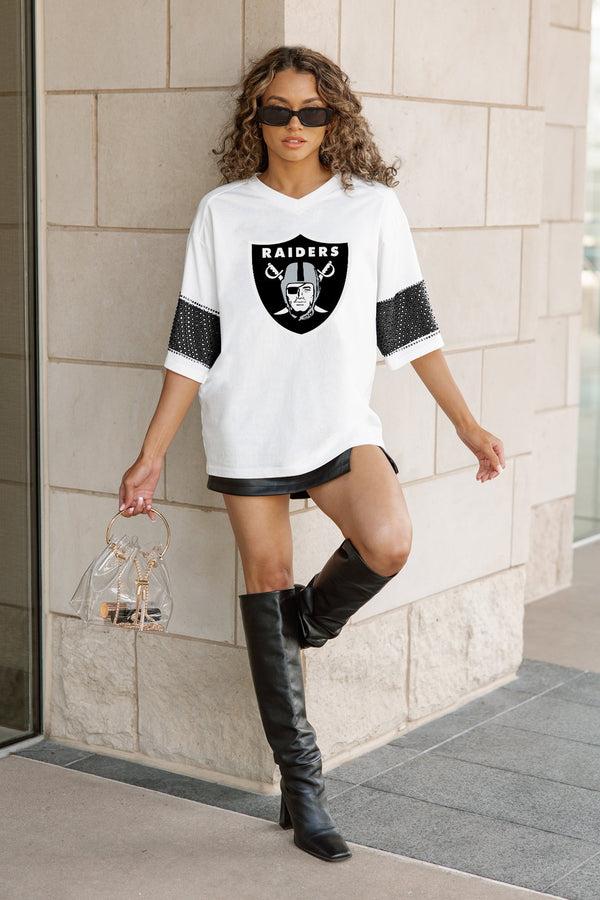 Gameday Couture LAS VEGAS RAIDERS DOMINANCE RHINESTONE STRIPE VARSITY TEE