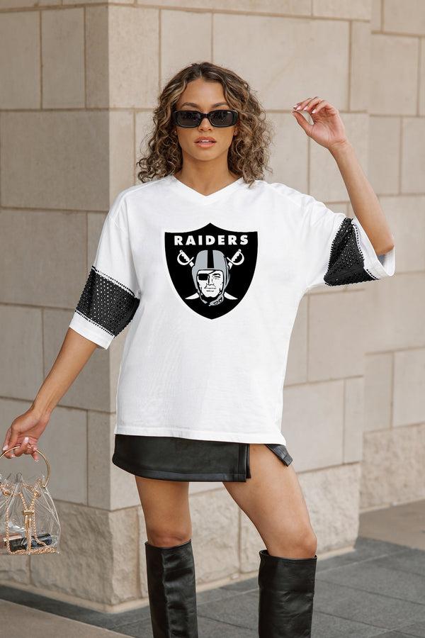 Gameday Couture LAS VEGAS RAIDERS DOMINANCE RHINESTONE STRIPE VARSITY TEE