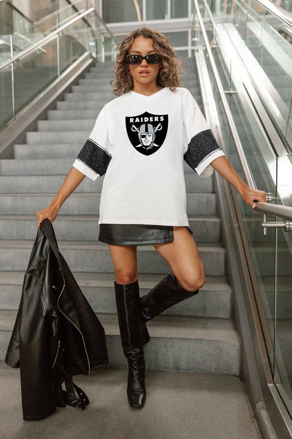 gameday couture LAS VEGAS RAIDERS DOMINANCE RHINESTONE STRIPE VARSITY TEE