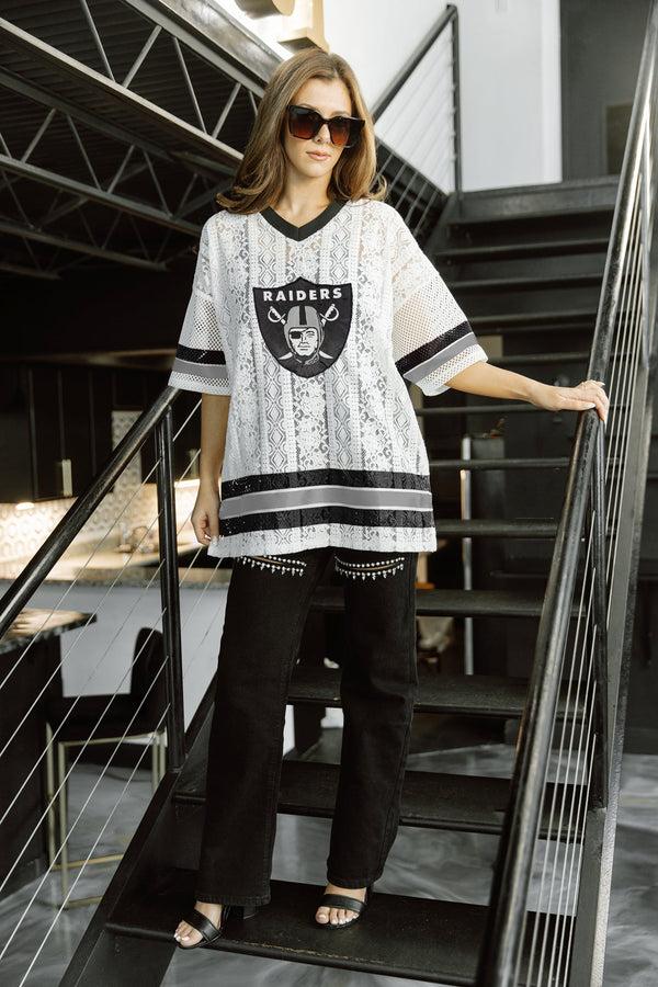 gameday couture LAS VEGAS RAIDERS HIGH NOTE LACE FASHION TOP