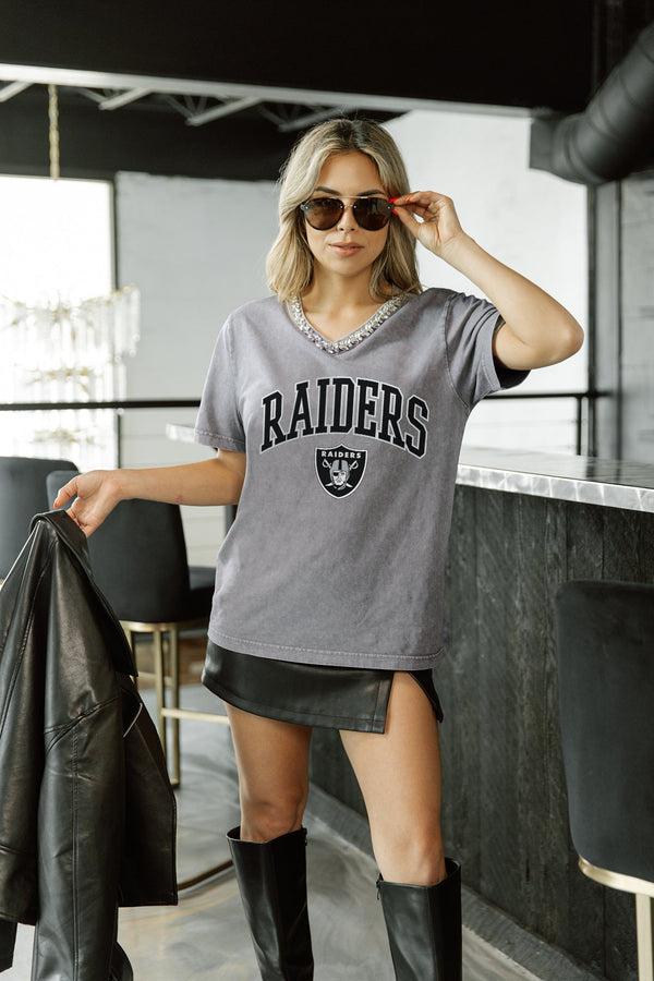 gameday couture LAS VEGAS RAIDERS ICONIC EDGE RHINESTONE TRIM V-NECK TEE