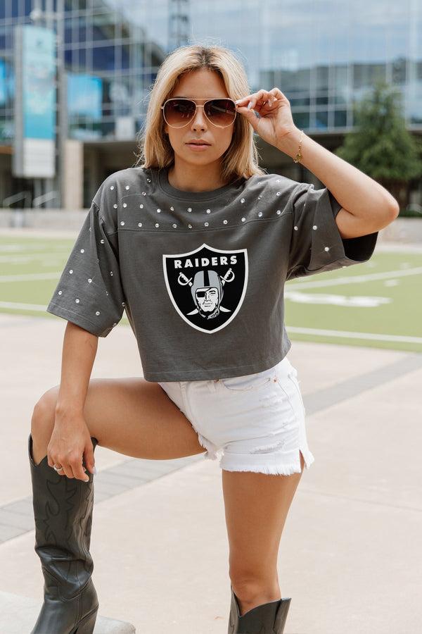gameday couture LAS VEGAS RAIDERS Making Moves Rhinestone Crop Tee With Yoke