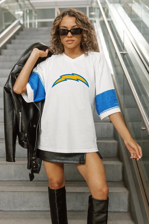 Gameday Couture LOS ANGELES CHARGERS DOMINANCE RHINESTONE STRIPE VARSITY TEE