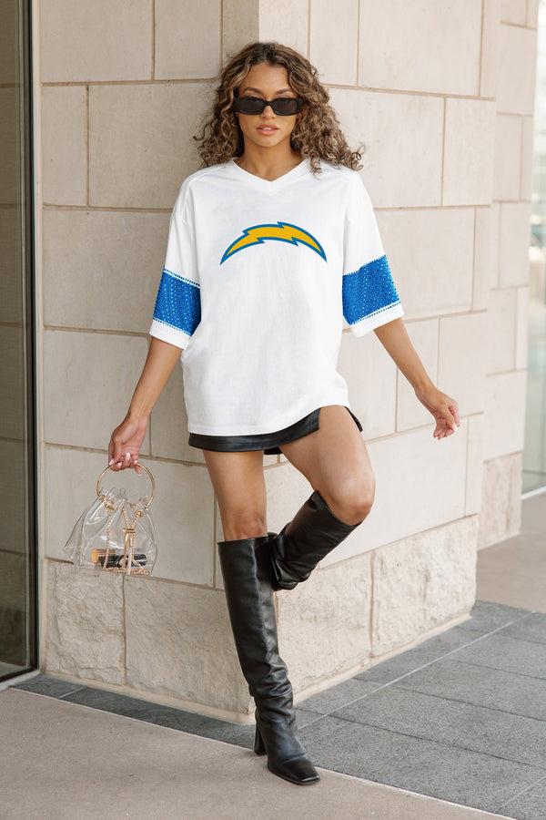 Gameday Couture LOS ANGELES CHARGERS DOMINANCE RHINESTONE STRIPE VARSITY TEE