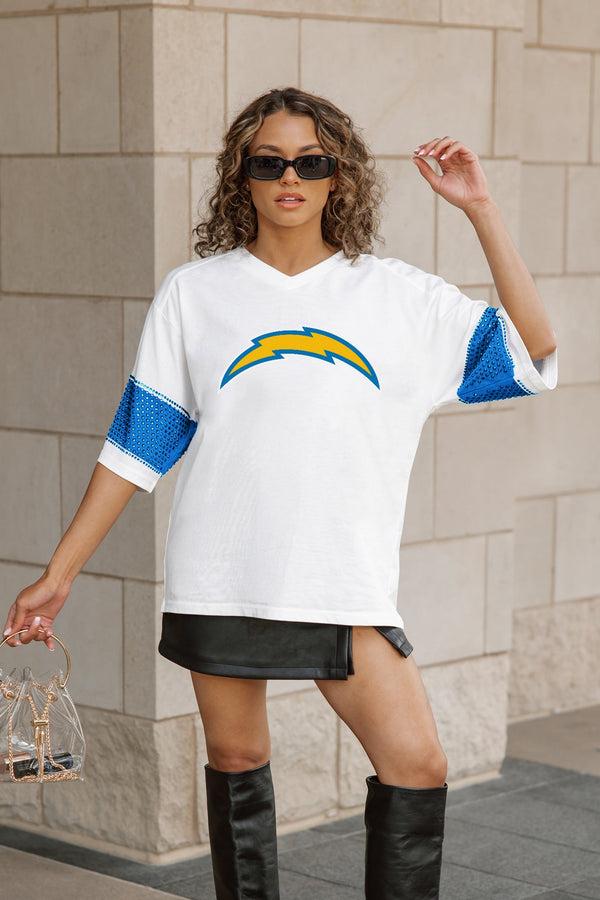 Gameday Couture LOS ANGELES CHARGERS DOMINANCE RHINESTONE STRIPE VARSITY TEE