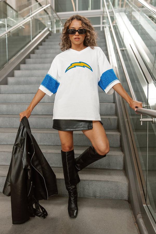 gameday couture LOS ANGELES CHARGERS DOMINANCE RHINESTONE STRIPE VARSITY TEE