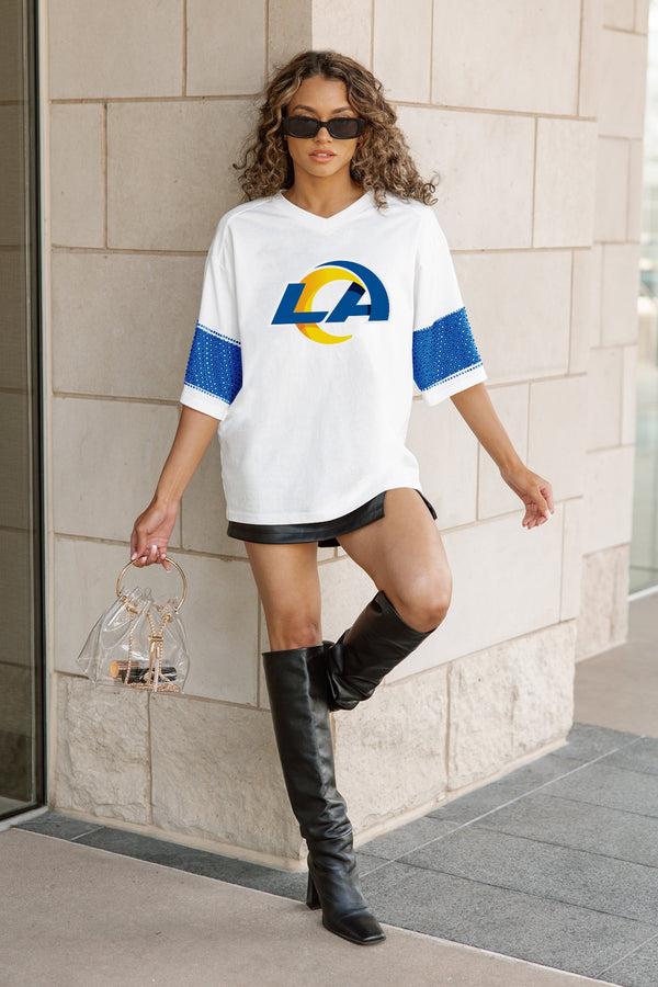 Gameday Couture LOS ANGELES RAMS DOMINANCE RHINESTONE STRIPE VARSITY TEE