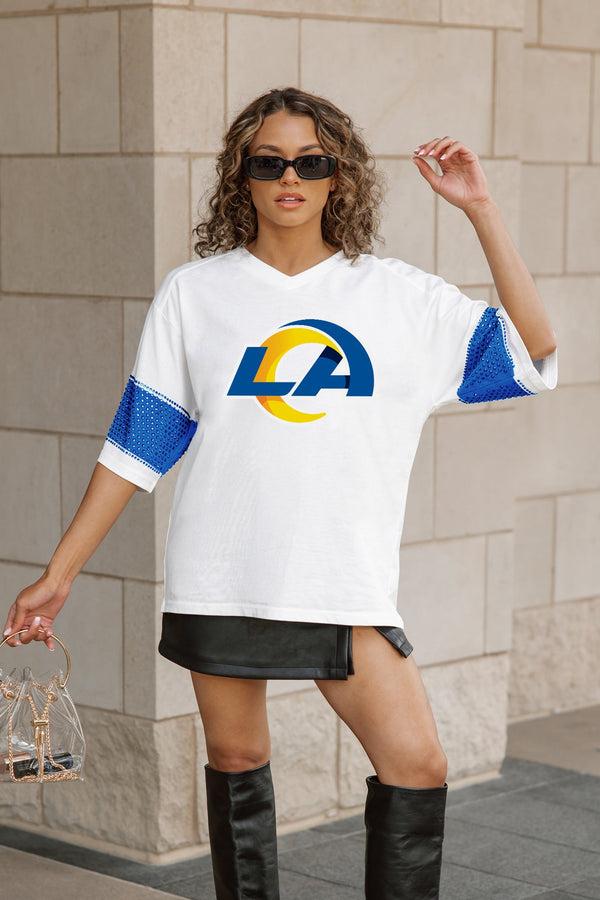 Gameday Couture LOS ANGELES RAMS DOMINANCE RHINESTONE STRIPE VARSITY TEE