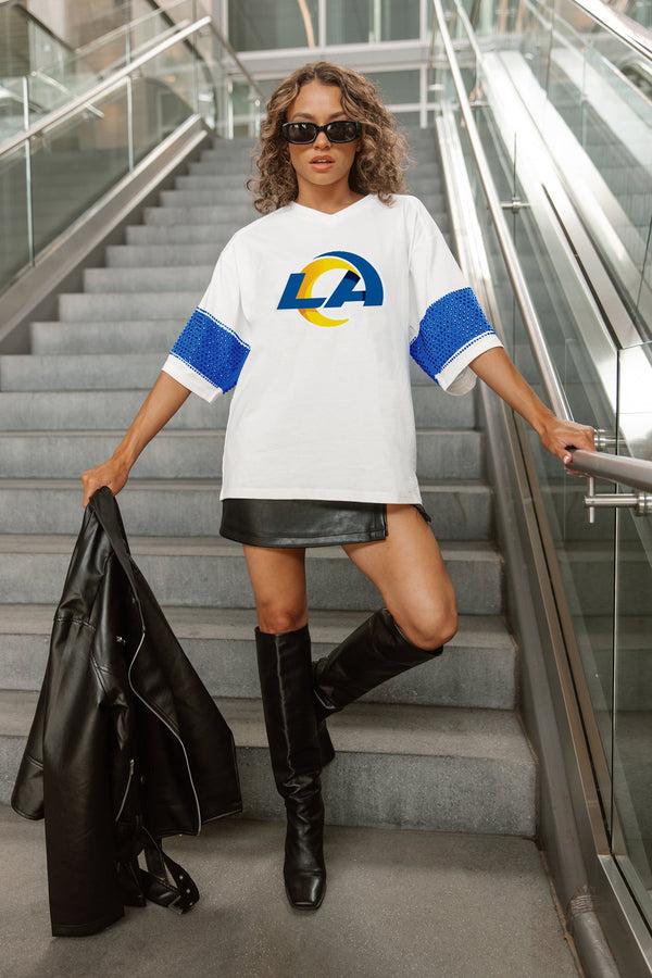 gameday couture LOS ANGELES RAMS DOMINANCE RHINESTONE STRIPE VARSITY TEE