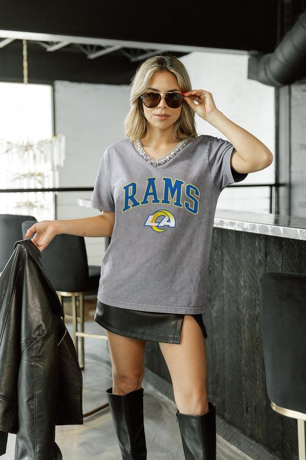 gameday couture LOS ANGELES RAMS ICONIC EDGE RHINESTONE TRIM V-NECK TEE