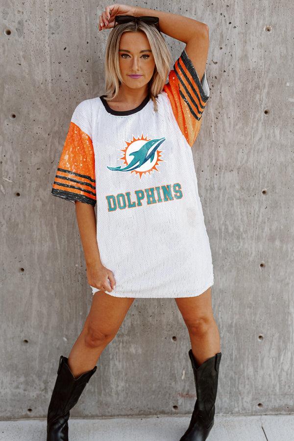 gameday couture MIAMI DOLPHINS Chic Champs Sequin Jersey Dress