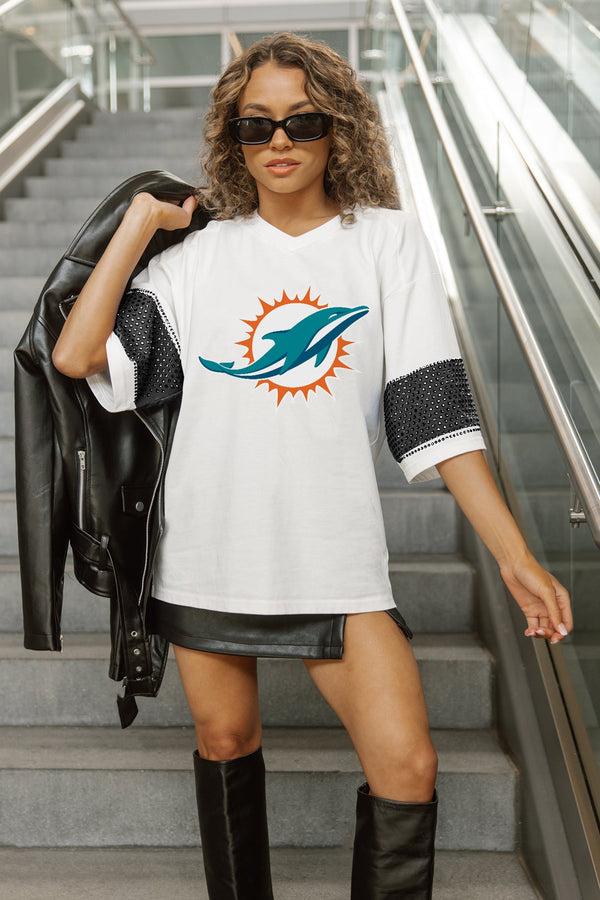 Gameday Couture MIAMI DOLPHINS DOMINANCE RHINESTONE STRIPE VARSITY TEE