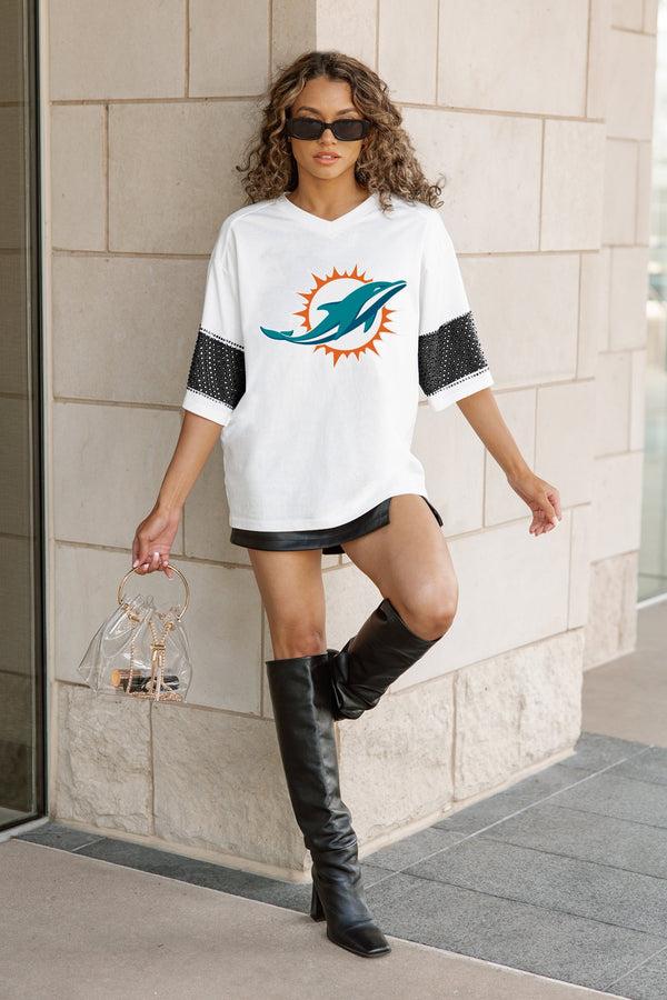 Gameday Couture MIAMI DOLPHINS DOMINANCE RHINESTONE STRIPE VARSITY TEE