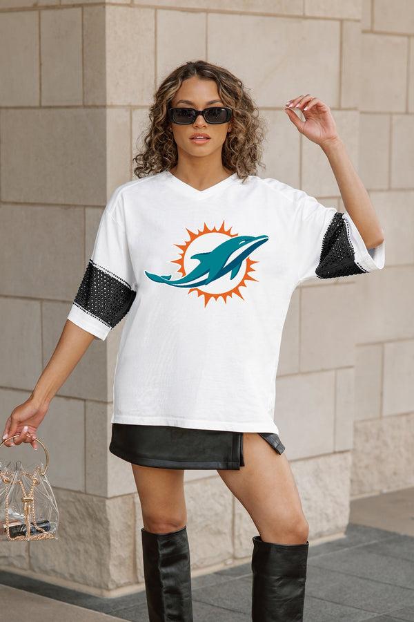 Gameday Couture MIAMI DOLPHINS DOMINANCE RHINESTONE STRIPE VARSITY TEE