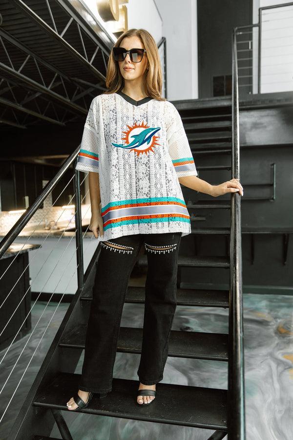 Gameday Couture MIAMI DOLPHINS HIGH NOTE LACE FASHION TOP