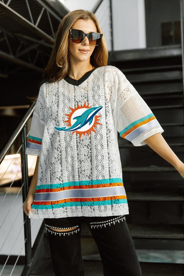 gameday couture MIAMI DOLPHINS HIGH NOTE LACE FASHION TOP