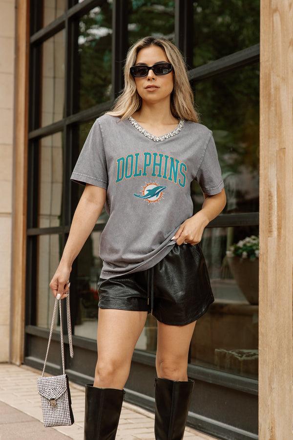 Gameday Couture MIAMI DOLPHINS ICONIC EDGE RHINESTONE TRIM V-NECK TEE