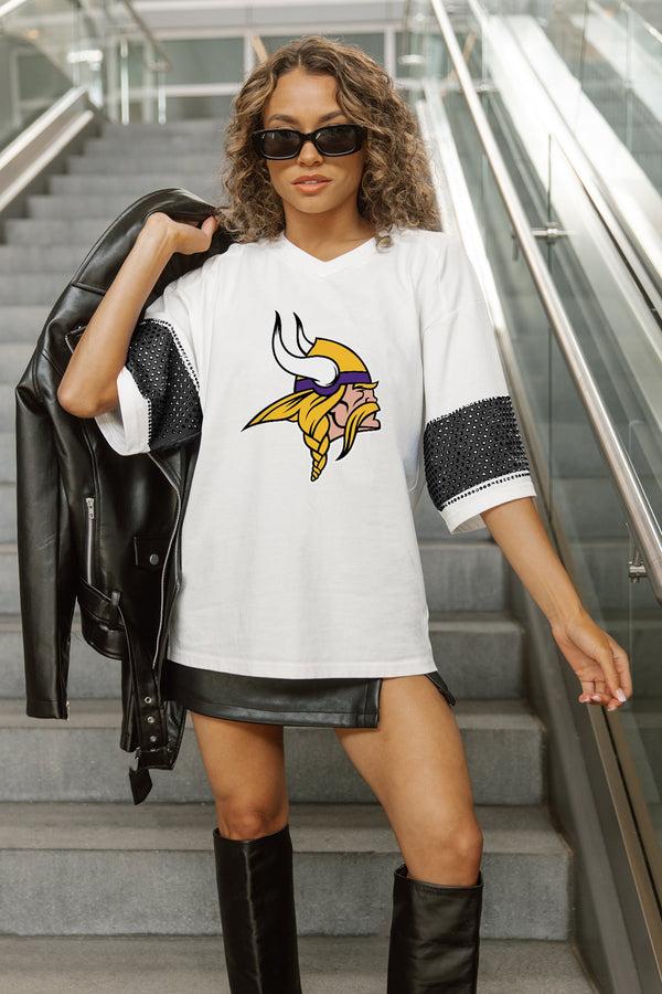 Gameday Couture MINNESOTA VIKINGS DOMINANCE RHINESTONE STRIPE VARSITY TEE