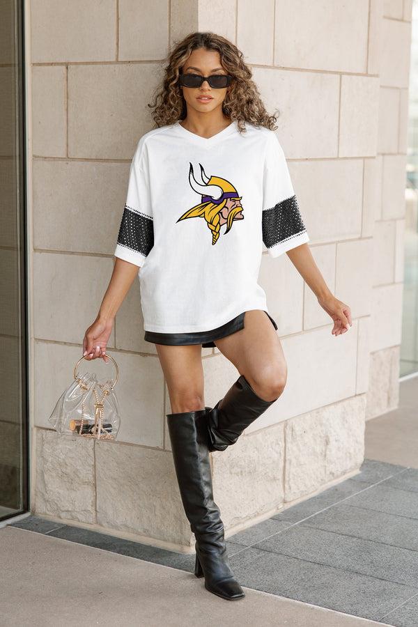 Gameday Couture MINNESOTA VIKINGS DOMINANCE RHINESTONE STRIPE VARSITY TEE