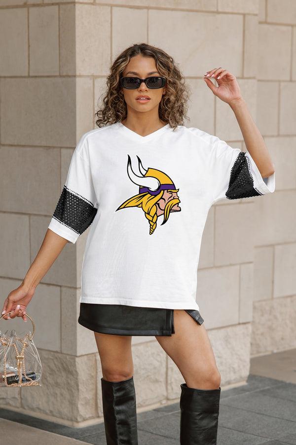 Gameday Couture MINNESOTA VIKINGS DOMINANCE RHINESTONE STRIPE VARSITY TEE