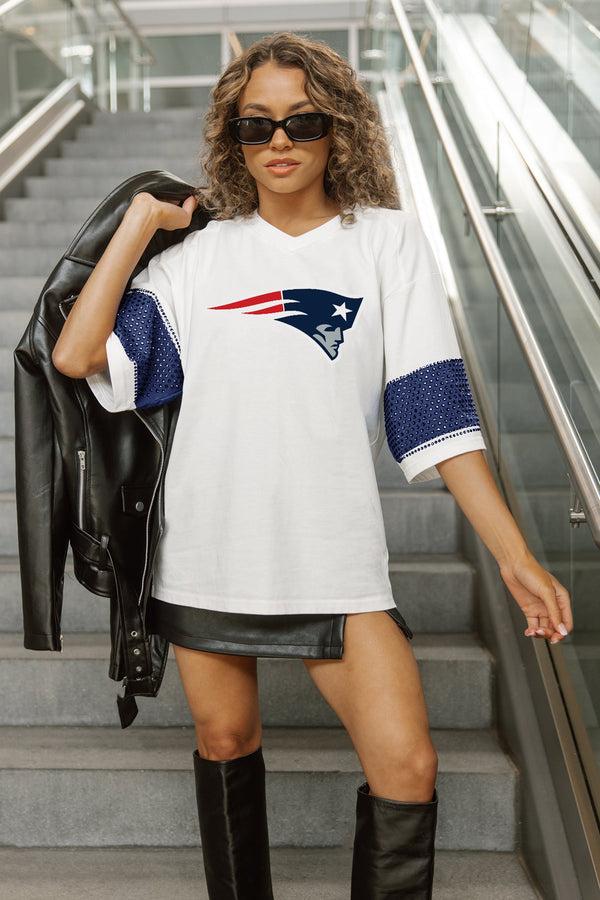 Gameday Couture NEW ENGLAND PATRIOTS DOMINANCE RHINESTONE STRIPE VARSITY TEE