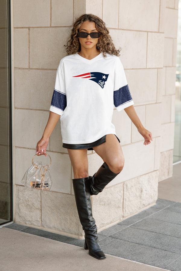 Gameday Couture NEW ENGLAND PATRIOTS DOMINANCE RHINESTONE STRIPE VARSITY TEE