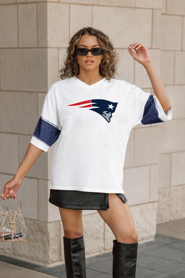 Gameday Couture NEW ENGLAND PATRIOTS DOMINANCE RHINESTONE STRIPE VARSITY TEE
