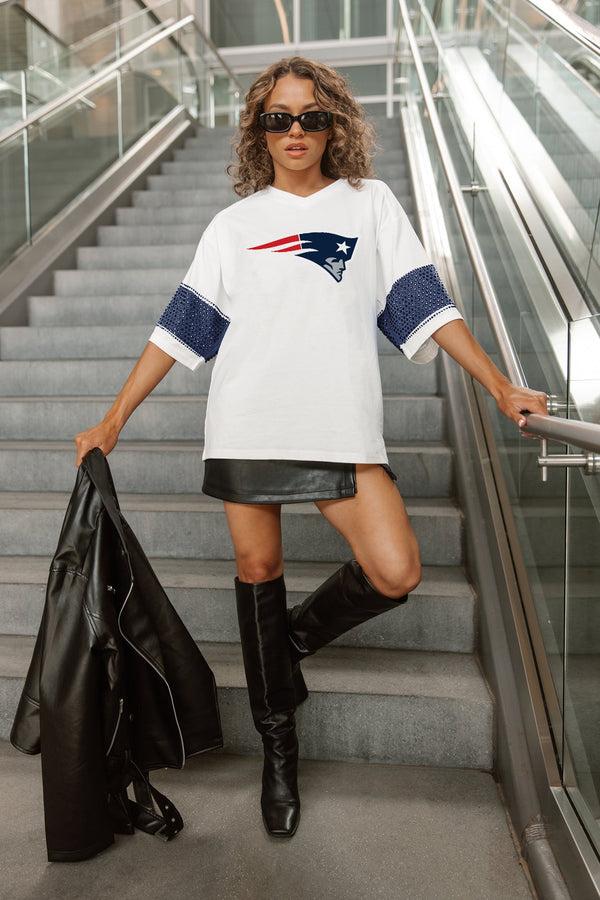 gameday couture NEW ENGLAND PATRIOTS DOMINANCE RHINESTONE STRIPE VARSITY TEE
