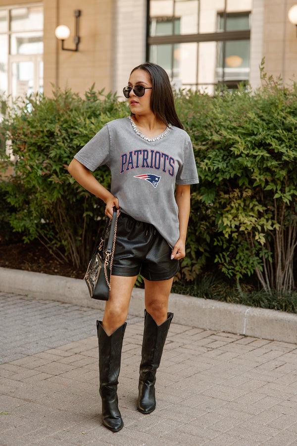 Gameday Couture NEW ENGLAND PATRIOTS ICONIC EDGE RHINESTONE TRIM V-NECK TEE