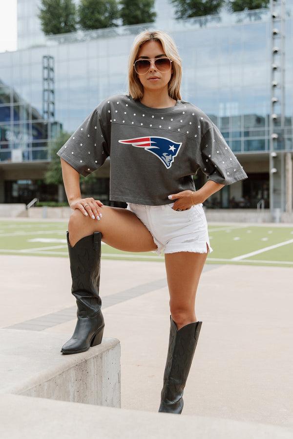Gameday Couture NEW ENGLAND PATRIOTS Making Moves Rhinestone Crop Tee With Yoke