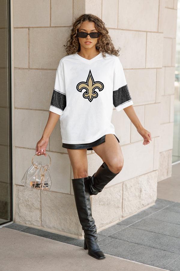Gameday Couture NEW ORLEANS SAINTS DOMINANCE RHINESTONE STRIPE VARSITY TEE