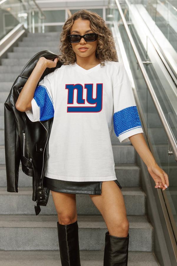 Gameday Couture NEW YORK GIANTS DOMINANCE RHINESTONE STRIPE VARSITY TEE