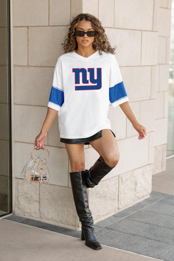 Gameday Couture NEW YORK GIANTS DOMINANCE RHINESTONE STRIPE VARSITY TEE