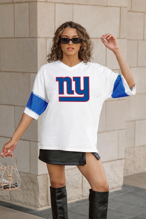 Gameday Couture NEW YORK GIANTS DOMINANCE RHINESTONE STRIPE VARSITY TEE