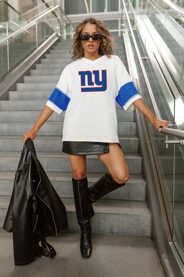gameday couture NEW YORK GIANTS DOMINANCE RHINESTONE STRIPE VARSITY TEE
