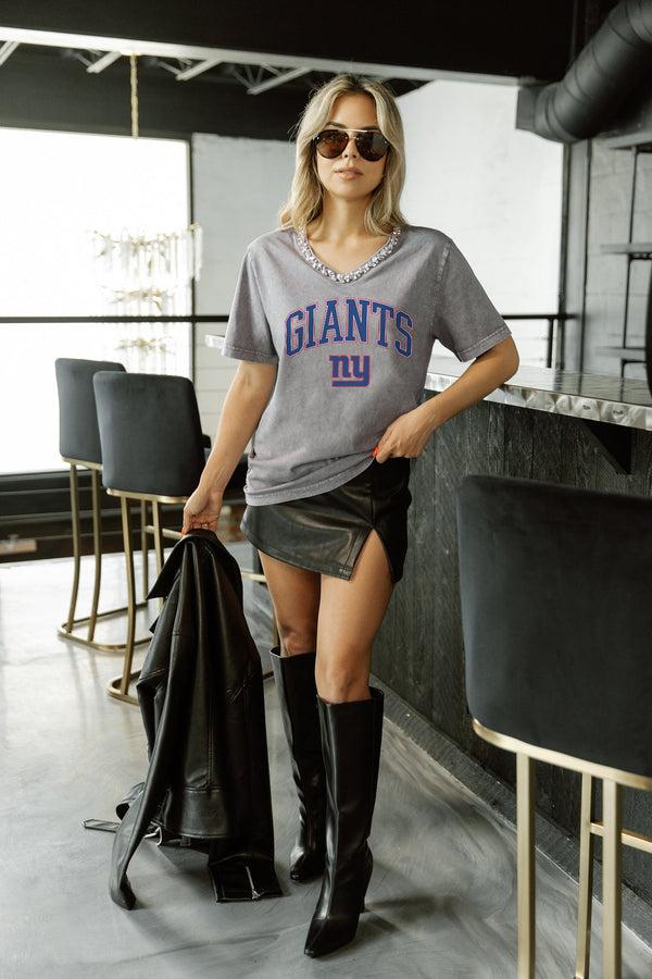 Gameday Couture NEW YORK GIANTS ICONIC EDGE RHINESTONE TRIM V-NECK TEE