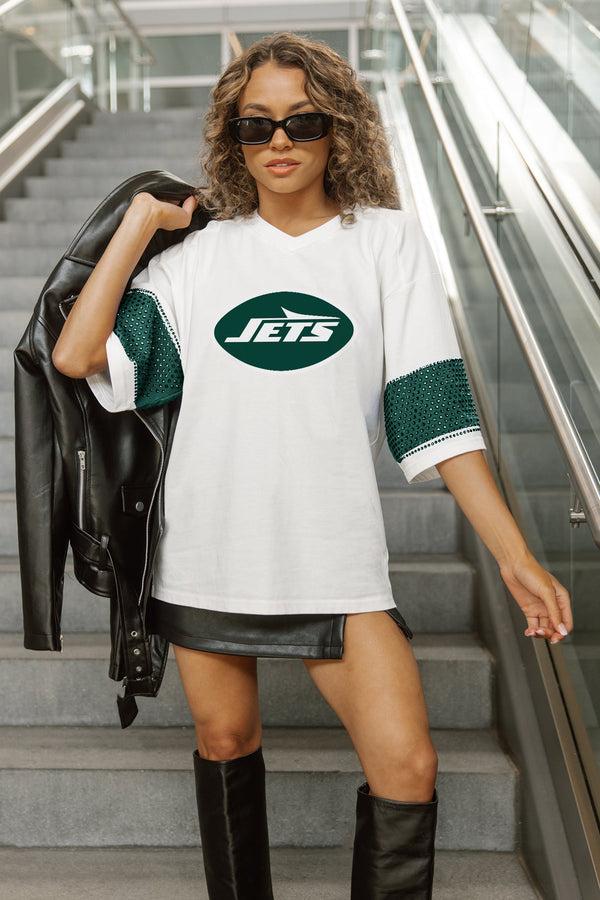 Gameday Couture NEW YORK JETS DOMINANCE RHINESTONE STRIPE VARSITY TEE