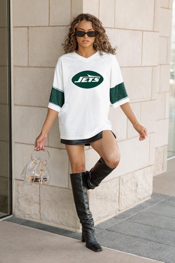 Gameday Couture NEW YORK JETS DOMINANCE RHINESTONE STRIPE VARSITY TEE