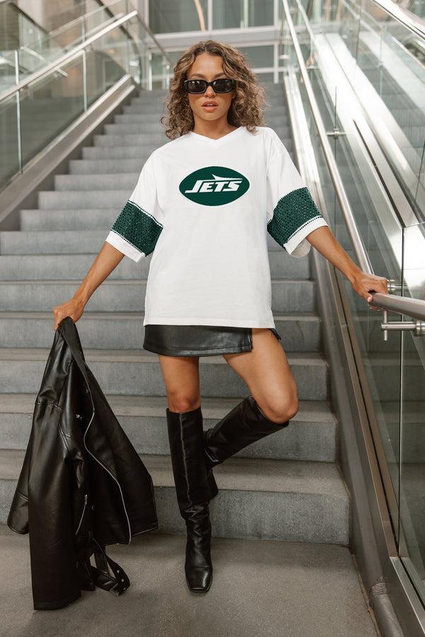 gameday couture NEW YORK JETS DOMINANCE RHINESTONE STRIPE VARSITY TEE