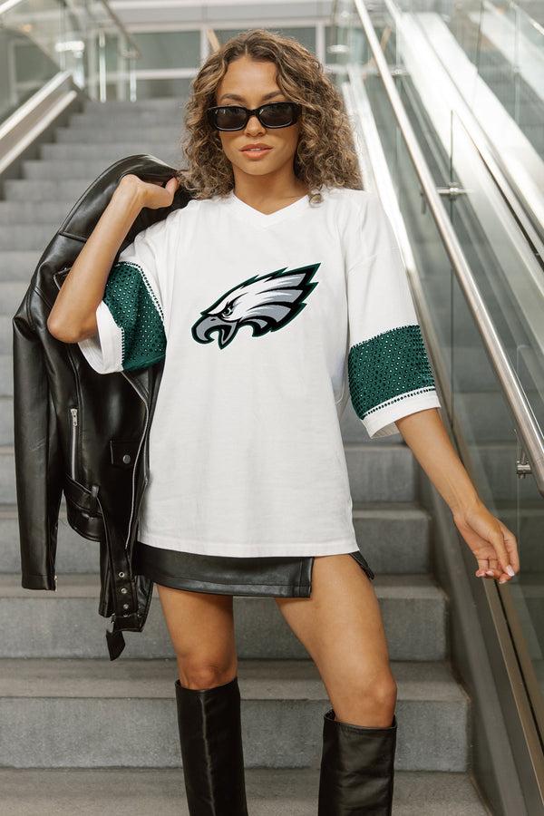 Gameday Couture PHILADELPHIA EAGLES DOMINANCE RHINESTONE STRIPE VARSITY TEE