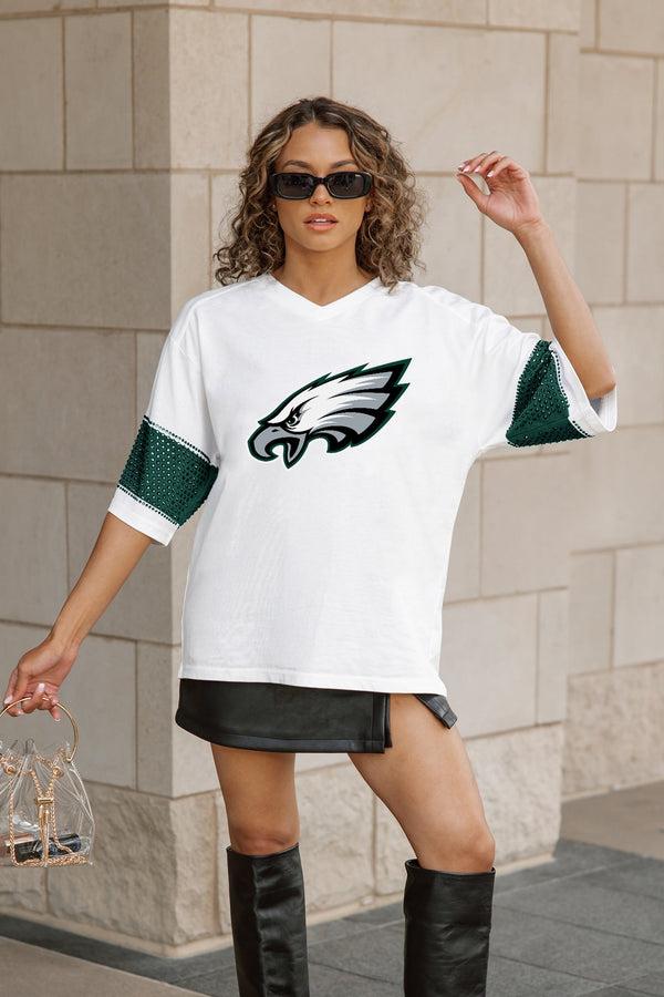 Gameday Couture PHILADELPHIA EAGLES DOMINANCE RHINESTONE STRIPE VARSITY TEE